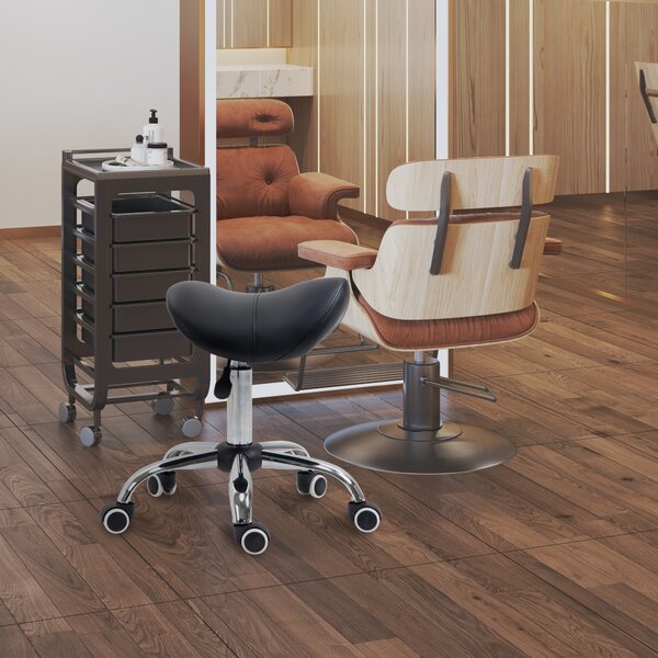 HOMCOM Cosmetic Stool 360° Rotate Height Adjustable Salon Massage Spa Chair Hydraulic Rolling Faux Leather Saddle Stool Mobility - Black Aosom UK