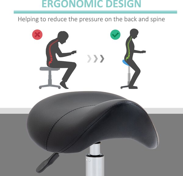 HOMCOM Cosmetic Stool 360° Rotate Height Adjustable Salon Massage Spa Chair Hydraulic Rolling Faux Leather Saddle Stool Mobility - Black Aosom UK