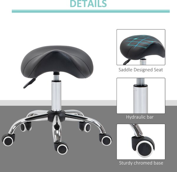 HOMCOM Cosmetic Stool 360° Rotate Height Adjustable Salon Massage Spa Chair Hydraulic Rolling Faux Leather Saddle Stool Mobility - Black Aosom UK