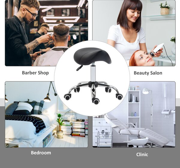 HOMCOM Cosmetic Stool 360° Rotate Height Adjustable Salon Massage Spa Chair Hydraulic Rolling Faux Leather Saddle Stool Mobility - Black Aosom UK