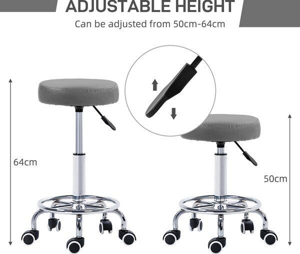 Vinsetto PU Leather Rolling Stool, Height Adjustable Stool Chair with Wheels for Salon, Massage, Spa, Grey Aosom UK