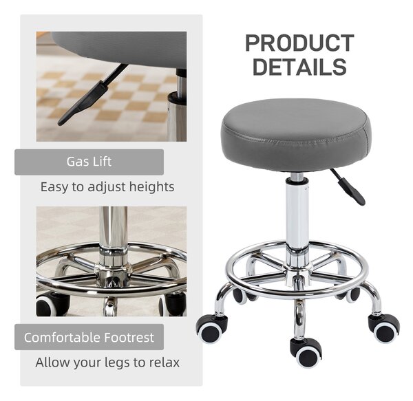 Vinsetto PU Leather Rolling Stool, Height Adjustable Stool Chair with Wheels for Salon, Massage, Spa, Grey Aosom UK