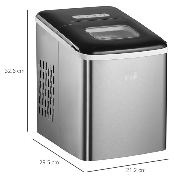 HOMCOM Ice Maker Machine, Counter Top Ice Cube Maker for Home 12kg in 24 Hrs 1.8L w/ Self Cleaning Function Scoop & Basket Stainless Steel Aosom UK