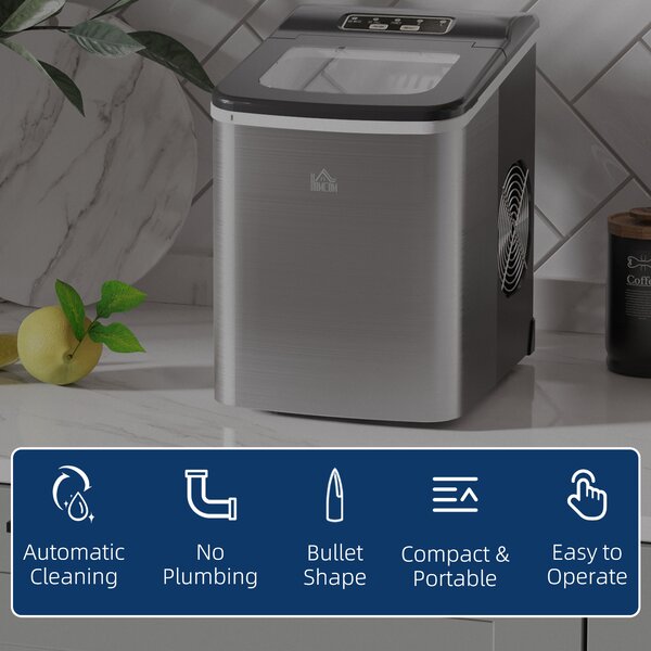 HOMCOM Ice Maker Machine, Counter Top Ice Cube Maker for Home 12kg in 24 Hrs 1.8L w/ Self Cleaning Function Scoop & Basket Stainless Steel Aosom UK