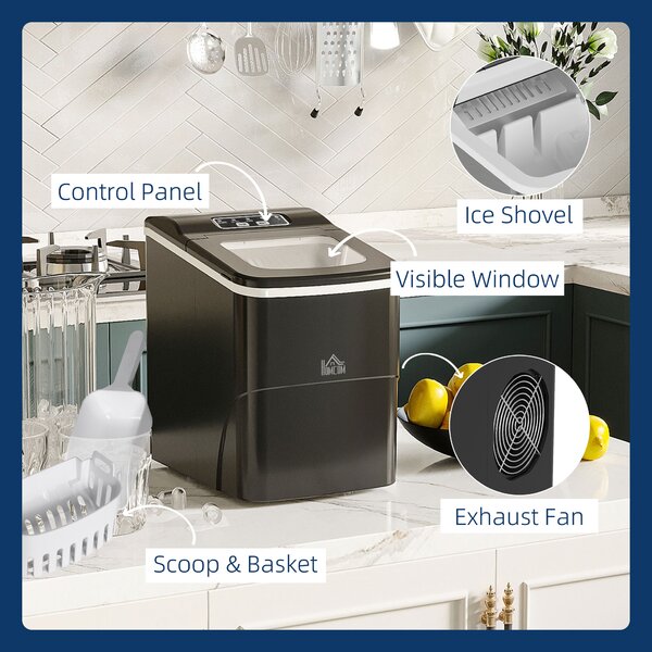Ice Maker Countertop Portable Bullet Ice Cube Machine 12kg/24H Production Automatic Cleaning Visible Window Scoop and Basket Black by HOMCOM