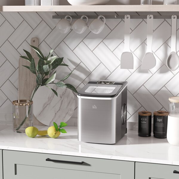 HOMCOM Ice Maker Machine, Counter Top Ice Cube Maker for Home 12kg in 24 Hrs 1.8L w/ Self Cleaning Function Scoop & Basket Stainless Steel Aosom UK