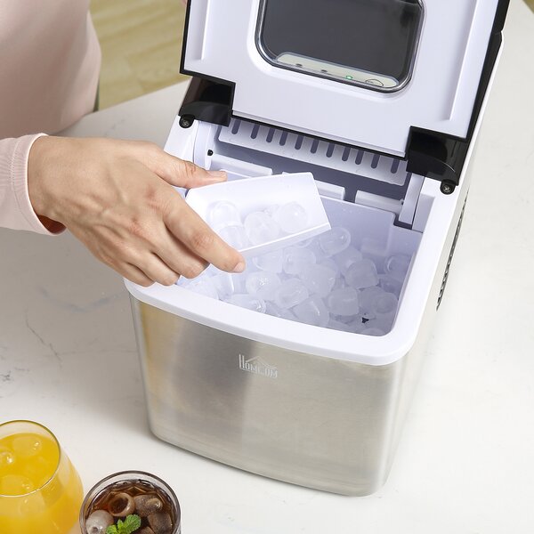 HOMCOM Ice Maker Machine, Counter Top Ice Cube Maker for Home 12kg in 24 Hrs 1.8L w/ Self Cleaning Function Scoop & Basket Stainless Steel Aosom UK