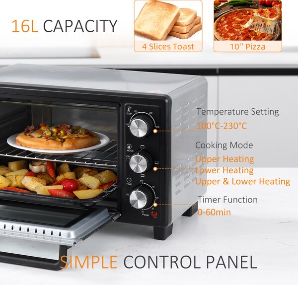 HOMCOM Convection Mini Oven, 16L Countertop Electric Grill, Toaster Oven w/ Adjustable Temperature, 60 Min Timer, Crumb Tray, 1400W Aosom UK