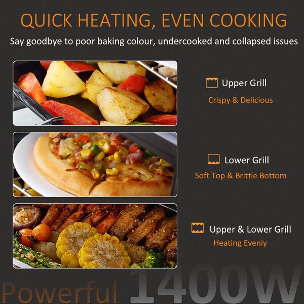 HOMCOM Convection Mini Oven, 16L Countertop Electric Grill, Toaster Oven w/ Adjustable Temperature, 60 Min Timer, Crumb Tray, 1400W Aosom UK