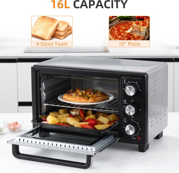 HOMCOM Convection Mini Oven, 16L Countertop Electric Grill, Toaster Oven w/ Adjustable Temperature, 60 Min Timer, Crumb Tray, 1400W Aosom UK