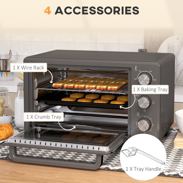 HOMCOM Mini Oven, 21L Countertop Electric Grill, Toaster Oven with Adjustable Temperature, Timer, Baking Tray and Wire Rack, 1400W, Grey Aosom UK