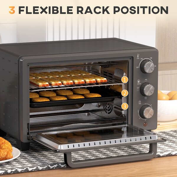 HOMCOM Mini Oven, 21L Countertop Electric Grill, Toaster Oven with Adjustable Temperature, Timer, Baking Tray and Wire Rack, 1400W, Grey Aosom UK