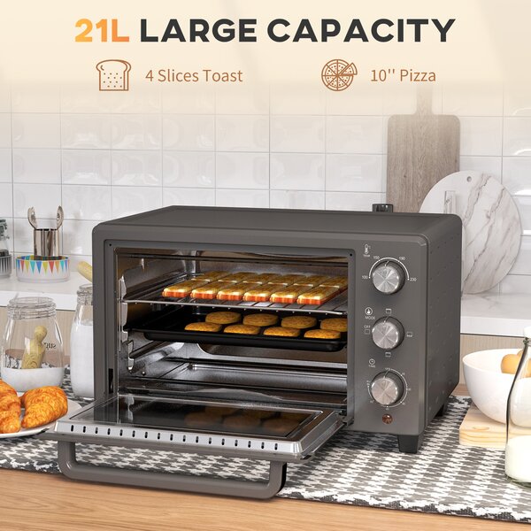 HOMCOM Mini Oven, 21L Countertop Electric Grill, Toaster Oven with Adjustable Temperature, Timer, Baking Tray and Wire Rack, 1400W, Grey Aosom UK