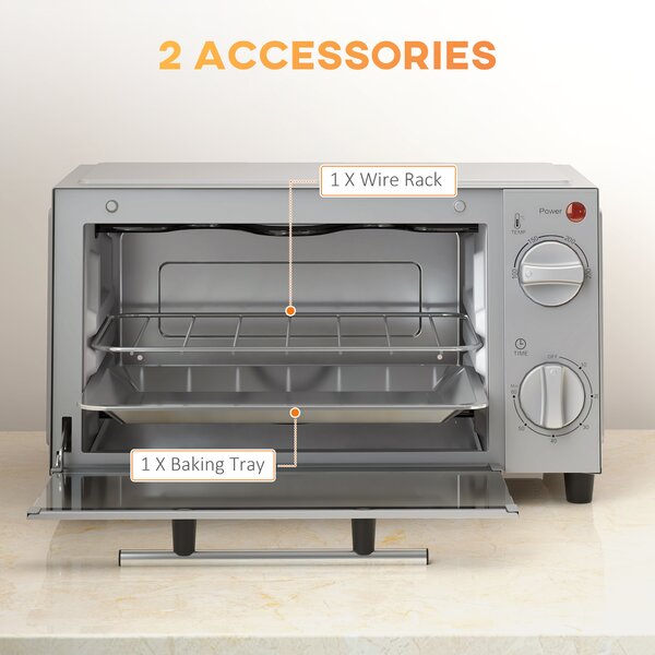 HOMCOM Mini Oven, 9L Countertop Electric Grill, Toaster Oven with Adjustable Temperature, Timer, Baking Tray and Wire Rack, 750W, Silver Aosom UK