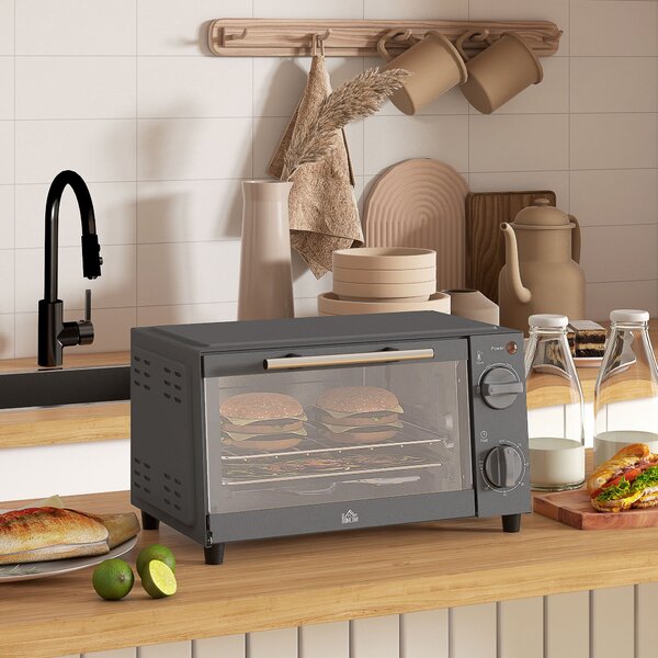 HOMCOM Mini Oven, 9L Countertop Electric Grill, Toaster Oven with Adjustable Temperature, Timer, Baking Tray and Wire Rack, 750W, Grey Aosom UK