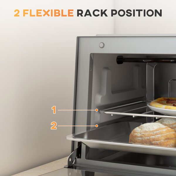 HOMCOM Mini Oven, 9L Countertop Electric Grill, Toaster Oven with Adjustable Temperature, Timer, Baking Tray and Wire Rack, 750W, Silver Aosom UK