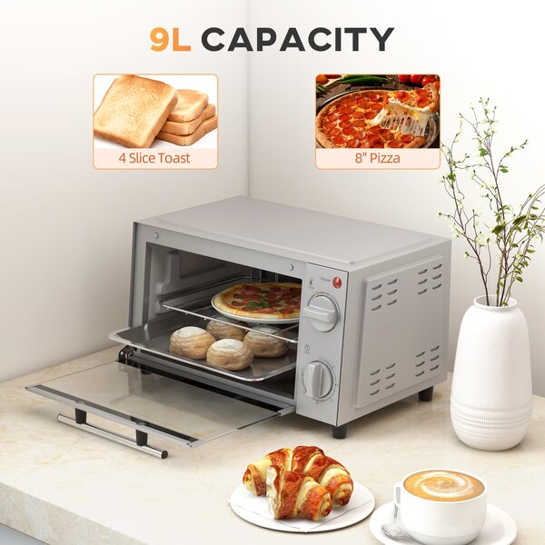 HOMCOM Mini Oven, 9L Countertop Electric Grill, Toaster Oven with Adjustable Temperature, Timer, Baking Tray and Wire Rack, 750W, Silver Aosom UK