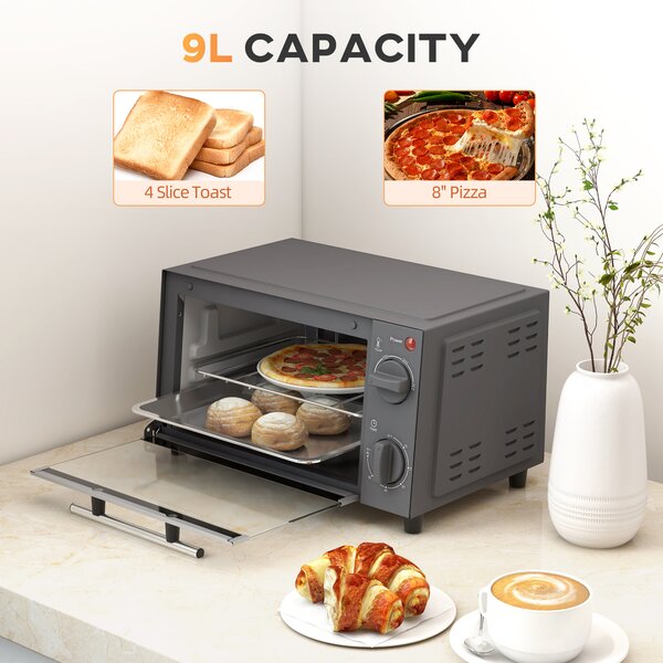 HOMCOM Mini Oven, 9L Countertop Electric Grill, Toaster Oven with Adjustable Temperature, Timer, Baking Tray and Wire Rack, 750W, Grey Aosom UK
