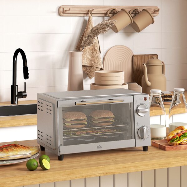 HOMCOM Mini Oven, 9L Countertop Electric Grill, Toaster Oven with Adjustable Temperature, Timer, Baking Tray and Wire Rack, 750W, Silver Aosom UK