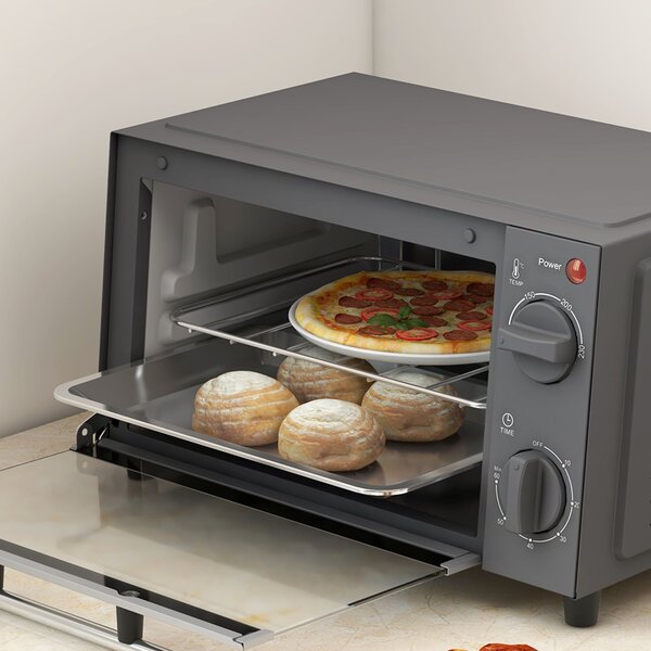 HOMCOM Mini Oven, 9L Countertop Electric Grill, Toaster Oven with Adjustable Temperature, Timer, Baking Tray and Wire Rack, 750W, Grey Aosom UK