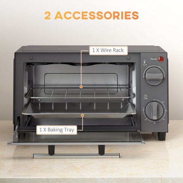 HOMCOM Mini Oven, 9L Countertop Electric Grill, Toaster Oven with Adjustable Temperature, Timer, Baking Tray and Wire Rack, 750W, Grey Aosom UK