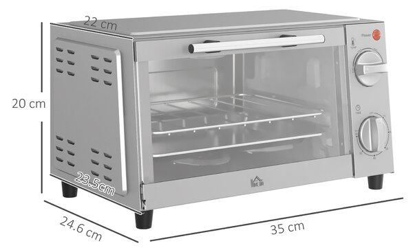 HOMCOM Mini Oven, 9L Countertop Electric Grill, Toaster Oven with Adjustable Temperature, Timer, Baking Tray and Wire Rack, 750W, Silver Aosom UK