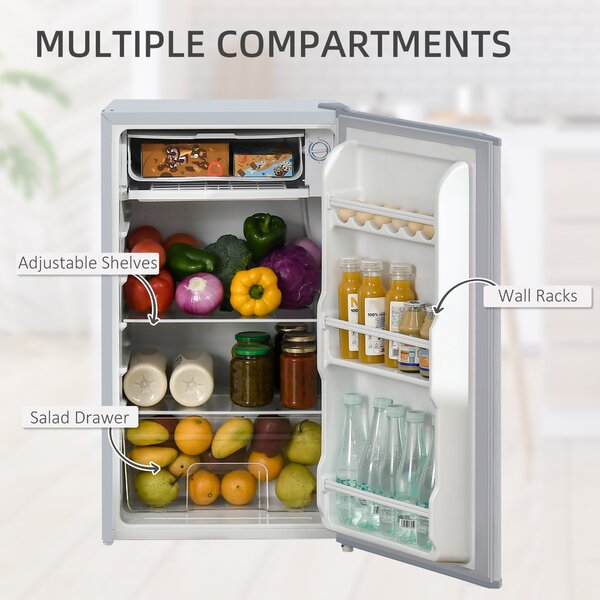 HOMCOM Under Counter Fridge Freezer Small Fridge for Singles Tiny Fridge for Flatshare Mini Fridge Kitchen Corner 91L Freestanding Chiller Box Adjustable Thermostat 47.5cm Grey Aosom UK
