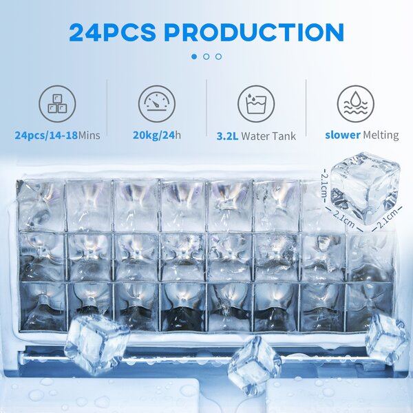 HOMCOM Ice Maker Machine, Counter Top Ice Cube Maker for Home, 20kg in 24 Hrs, 3.2L w/ Adjustable Cube Size, Self Cleaning Function Aosom UK
