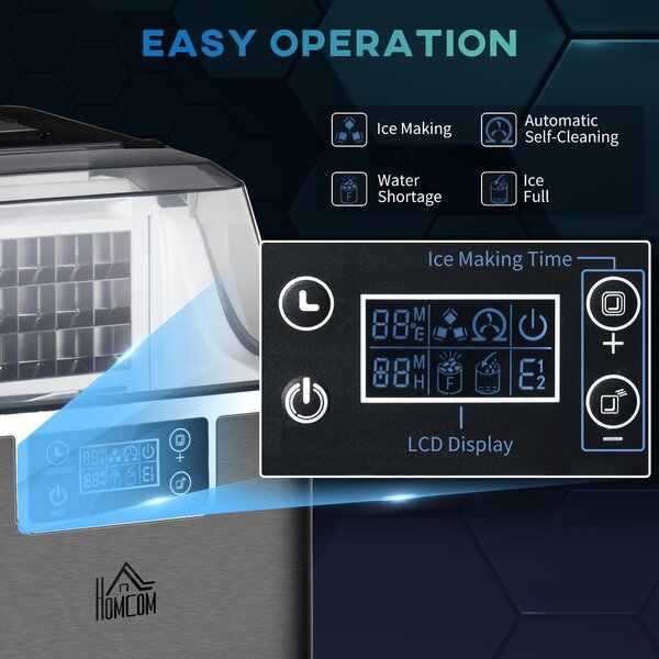 HOMCOM Ice Maker Machine Countertop, 20Kg in 24 Hrs, 24 Cubes Ready in 14-18Mins, Stainless Steel Ice Cube Maker, 3.2L w/ Adjustable Aosom UK