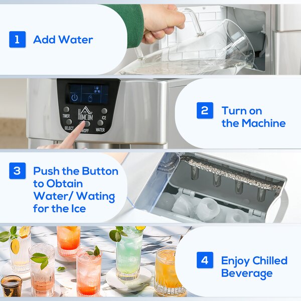HOMCOM Ice Maker Machine and Water Dispenser, Counter Top Ice Cube Maker for Home w/3L Tank, Adjustable Cube Size,12kg in 24 Hrs, No Plumbing Required