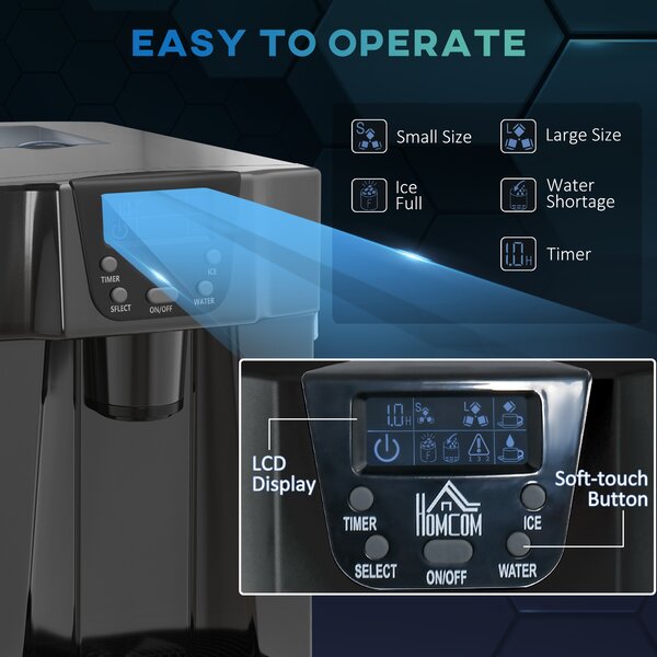 HOMCOM Ice Maker Machine and Water Dispenser, Counter Top Ice Cube Maker w/ 3L Tank, Adjustable Cube Size, 9 Ice Cubes per 6-10 Minutes Aosom UK