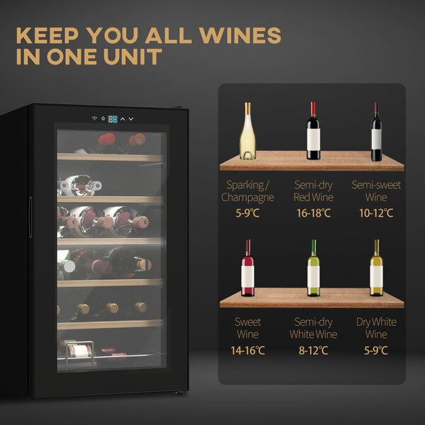 HOMCOM 24 Bottles Freestanding Wine Fridge w/ Glass Door, 65L Single Zone Wine Cooler Fridge w/ Digital Touch Screen Controls, LED Light, Black