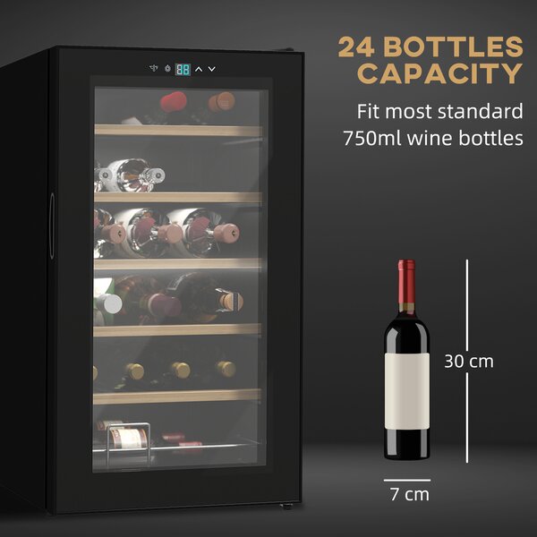 HOMCOM 24 Bottles Freestanding Wine Fridge w/ Glass Door, 65L Single Zone Wine Cooler Fridge w/ Digital Touch Screen Controls, LED Light, Black
