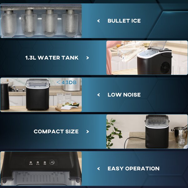 HOMCOM Ice Maker Machine Counter Top, 12Kg in 24 Hrs, 9 Cubes Ready in 6-12Mins, Portable Ice Cube Maker with Ice Scoop and Basket, Black Aosom UK