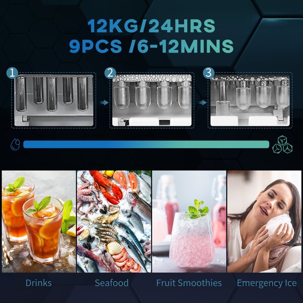 HOMCOM Ice Maker Machine Counter Top, 12Kg in 24 Hrs, 9 Cubes Ready in 6-12Mins, Portable Ice Cube Maker with Ice Scoop and Basket, Black Aosom UK