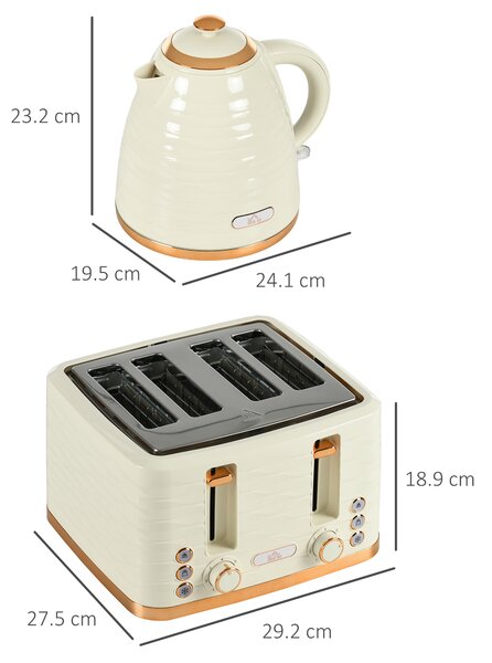 HOMCOM 3000W 1.7L Rapid Boil Kettle & 4 Slice Toaster, Kettle and Toaster Set with 7 Browning Controls and Crumb Tray, Beige