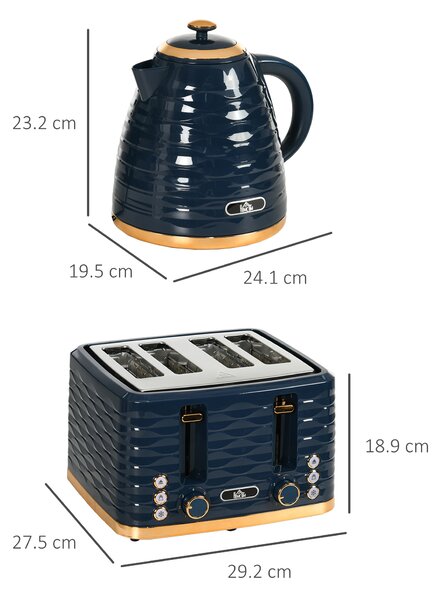HOMCOM 3000W 1.7L Rapid Boil Kettle & 4 Slice Toaster, Kettle and Toaster Set with 7 Browning Controls and Crumb Tray, Blue