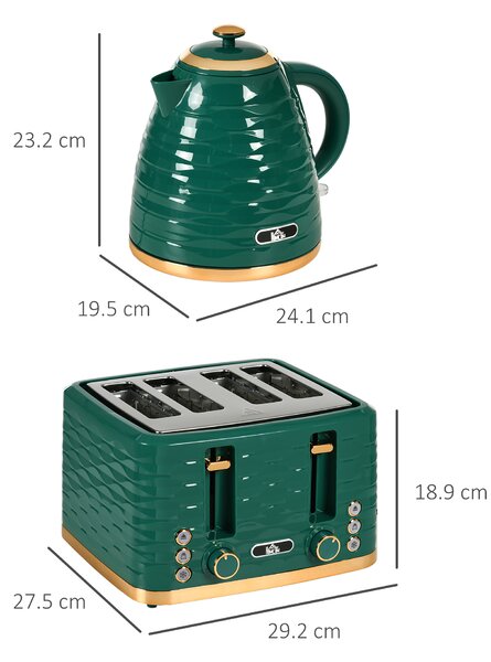 HOMCOM 3000W 1.7L Rapid Boil Kettle & 4 Slice Toaster, Kettle and Toaster Set with 7 Browning Controls and Crumb Tray, Green
