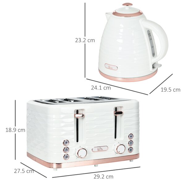 HOMCOM Kettle and Toaster Sets, 3000W 1.7L Rapid Boil Kettle & 4 Slice Toaster w/ 7 Browning Controls, Defrost, Reheat & Crumb Tray, Otter thermostat