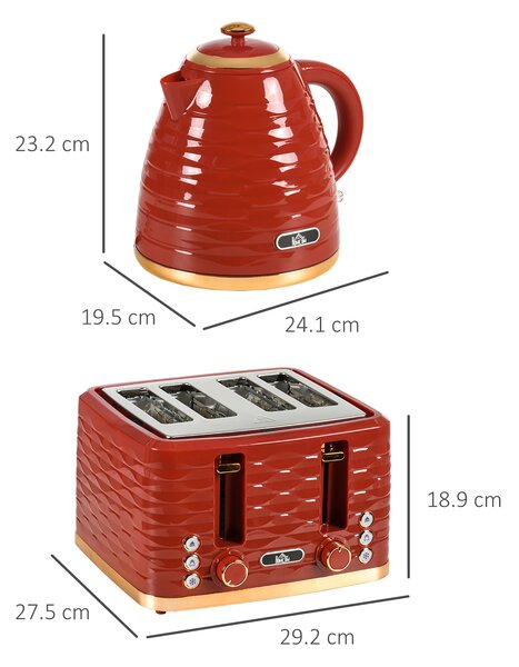 HOMCOM 3000W 1.7L Rapid Boil Kettle & 4 Slice Toaster, Kettle and Toaster Set with 7 Browning Controls and Crumb Tray, Red