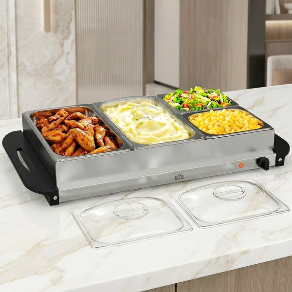 HOMCOM 4 Tray Electric Food Warmer Buffet Server with Plate Warmer Function, Cool Touch Handles, Adjustable Temperature, 300W Aosom UK