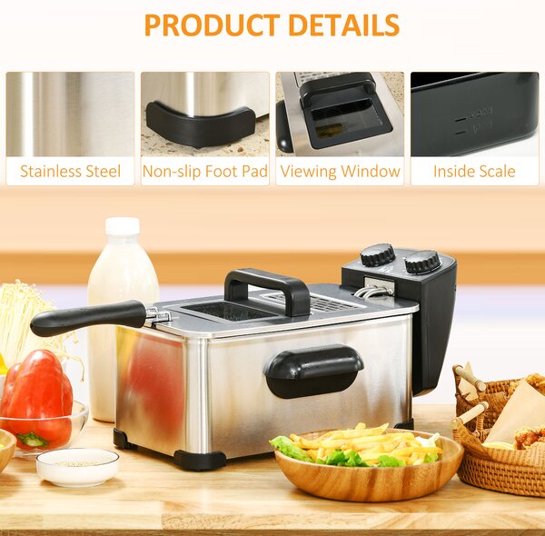 HOMCOM 3 Litre Stainless Steel Deep Fat Fryer with Adjustable Temp, 60min Timer, Viewing Window and Safety Cut Out, 2000W Aosom UK