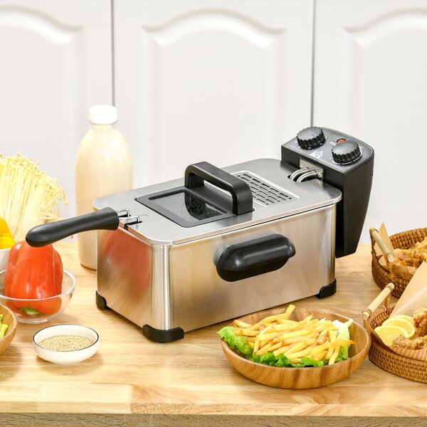 HOMCOM 3 Litre Stainless Steel Deep Fat Fryer with Adjustable Temp, 60min Timer, Viewing Window and Safety Cut Out, 2000W Aosom UK