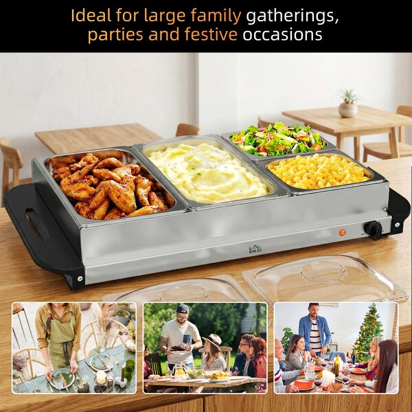 HOMCOM 4 Tray Electric Food Warmer Buffet Server with Plate Warmer Function, Cool Touch Handles, Adjustable Temperature, 300W Aosom UK