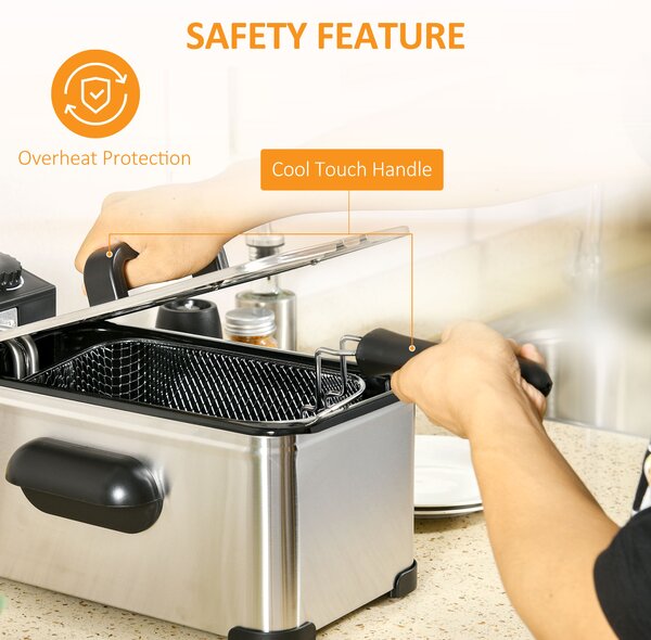 HOMCOM 3 Litre Stainless Steel Deep Fat Fryer with Adjustable Temp, 60min Timer, Viewing Window and Safety Cut Out, 2000W Aosom UK