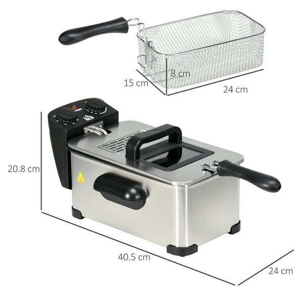 HOMCOM 3 Litre Stainless Steel Deep Fat Fryer with Adjustable Temp, 60min Timer, Viewing Window and Safety Cut Out, 2000W Aosom UK