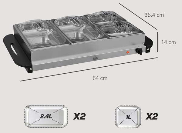 HOMCOM 4 Tray Electric Food Warmer Buffet Server with Plate Warmer Function, Cool Touch Handles, Adjustable Temperature, 300W Aosom UK