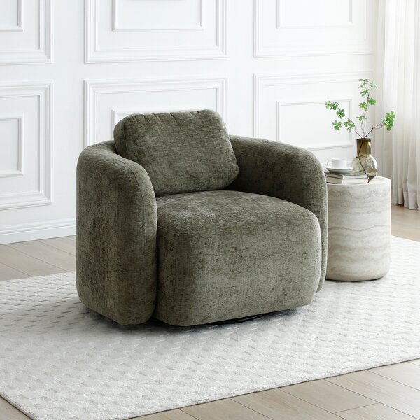 Max Olive Distressed Chenille Curved Swivel Accent Chair Olive