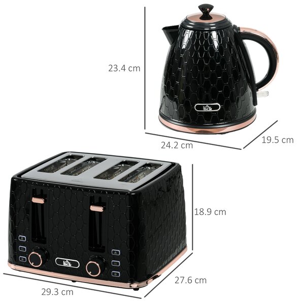 HOMCOM 1.7L 3000W Fast Boil Kettle & 4 Slice Toaster Set, Kettle and Toaster Set with 7 Browning Controls, Crumb Tray, Black