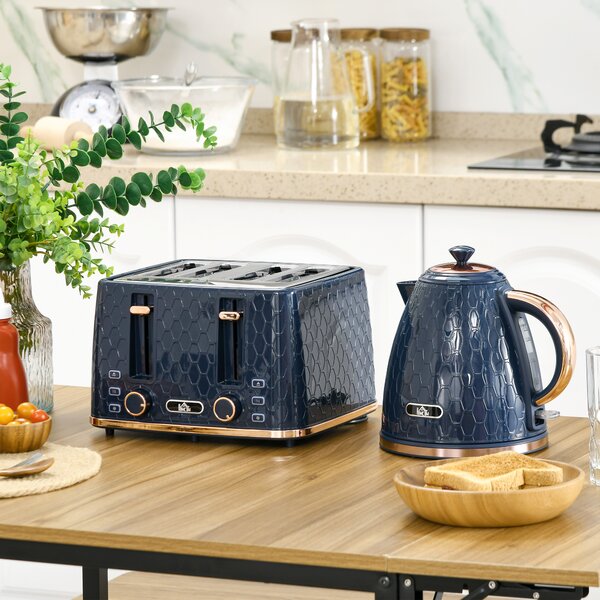 HOMCOM Kettle and Toaster Set, 1.7L Fast Boil 3000W Jug Kettle with 4 Slice Toaster, 7 Browning Levels, Blue Aosom UK